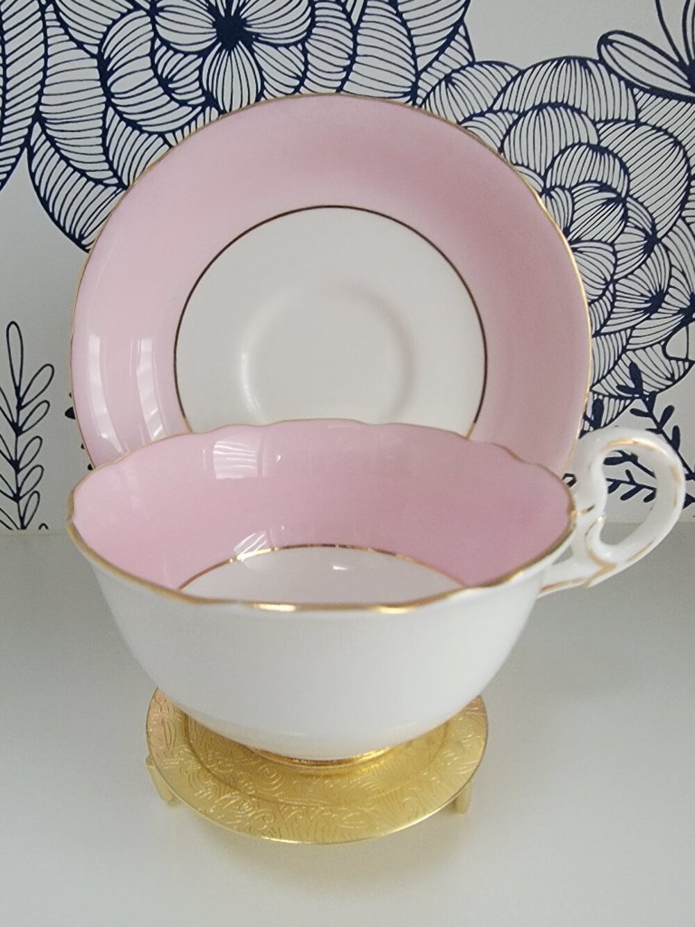 ABJ Grafton teacup & saucer, pink band, gold trim, scalloped rim made in England